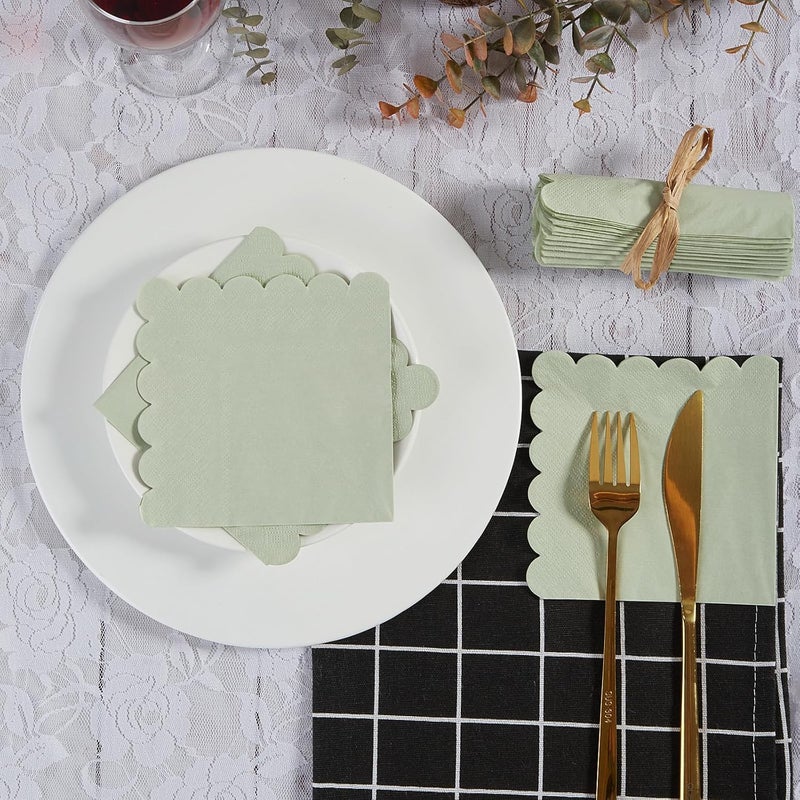 BEFORYOU 100 Pack Cocktail Napkin 2-Ply Scalloped Edged Dessert Napkins Folded 5 x 5 Inches Disposable Napkins for Dinner Wedding Birthday Party Bridal Anniversary Reception Event (Sage Green) - Image 5